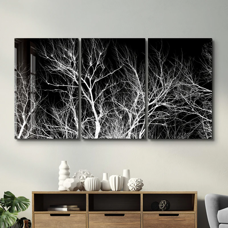 ・"Dried Branches Black and White - Trio"・Glass Wall Art - Image 3