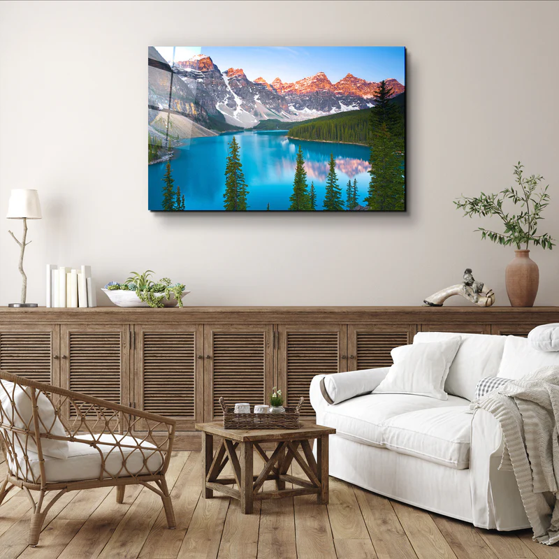 ・"Dawn over Moraine Lake in Canada's Banff National Park"・Glass Wall Art - Image 2