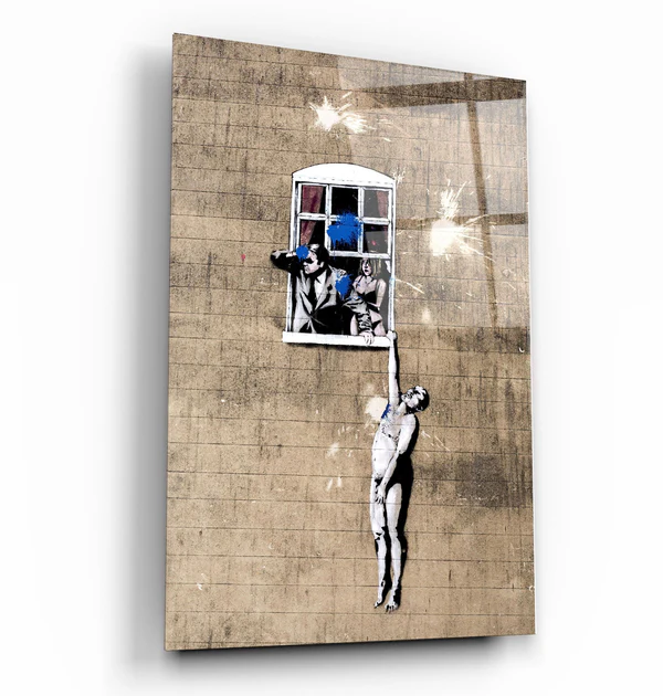"Banksy - Man hanging from a window"ć»Glass Wall Art